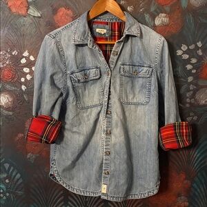 L.L. Bean Blue Denim Button Down with Red Plaid flannel Interior